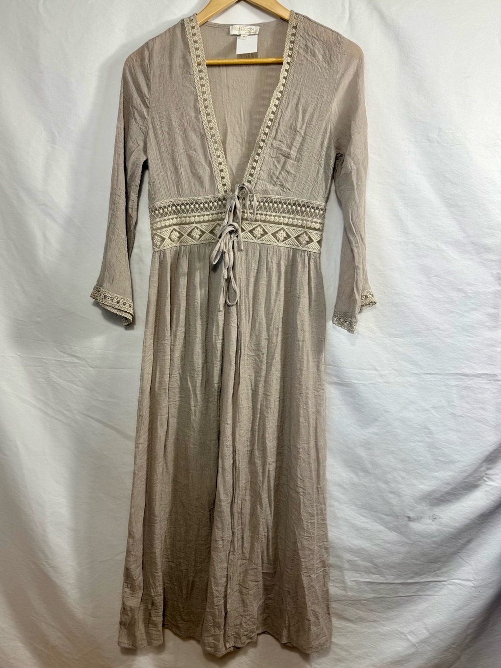Rebellion Taupe Crochet-Trim Maxi Kimono/ Cover-up/ Dress